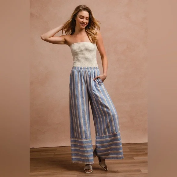 BiBi Striped Wide Leg Pants with Pockets